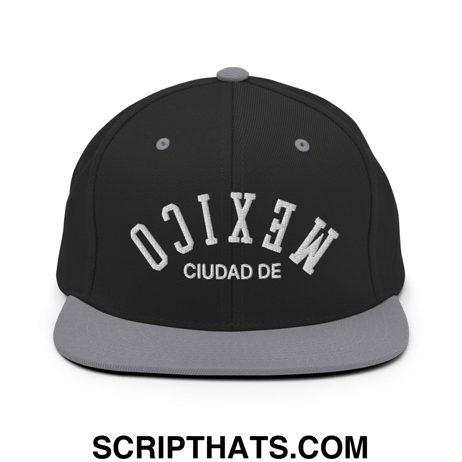 Upside Down Ciudad De Mexico Embroidered Flat Bill Brim Snapback Hat Black Silver