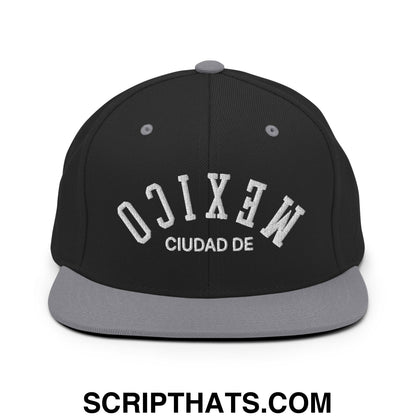 Upside Down Ciudad De Mexico Embroidered Flat Bill Brim Snapback Hat Black Silver