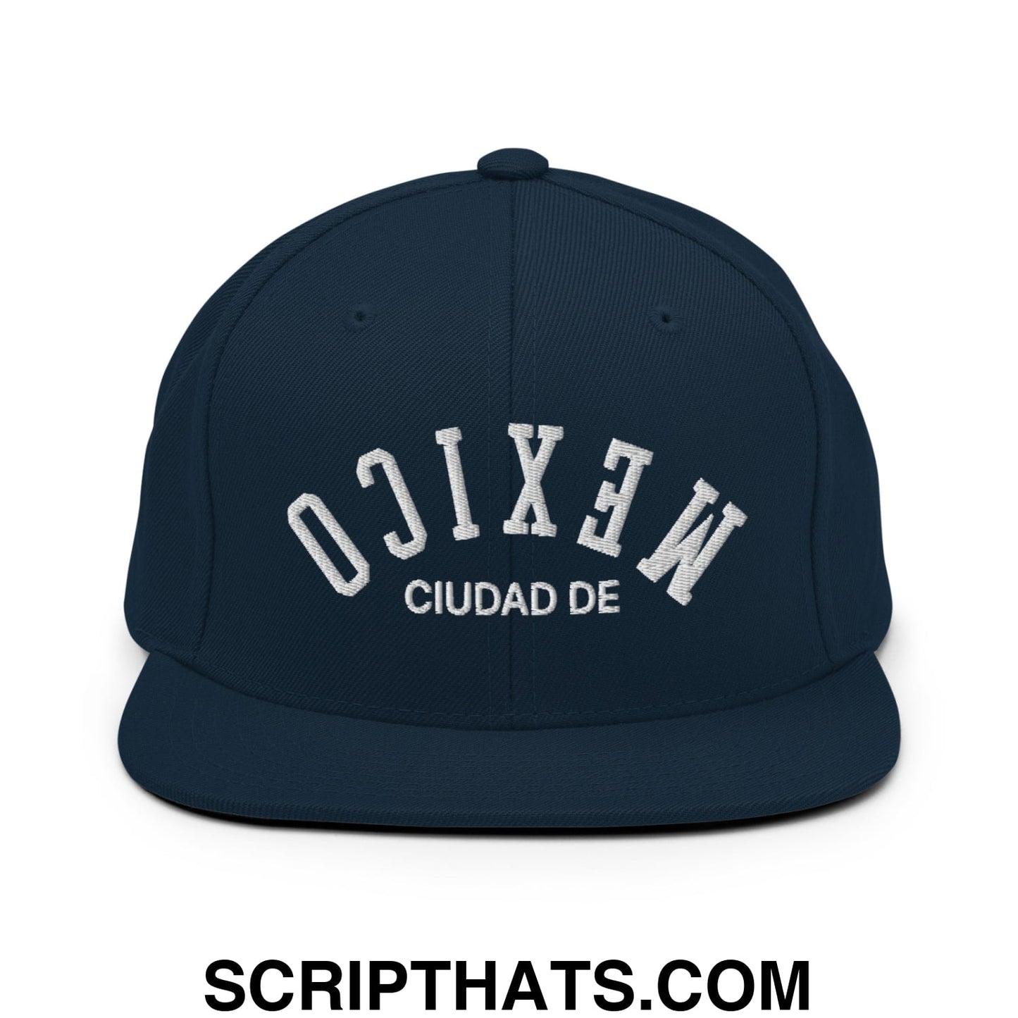Upside Down Ciudad De Mexico Embroidered Flat Bill Brim Snapback Hat Dark Navy