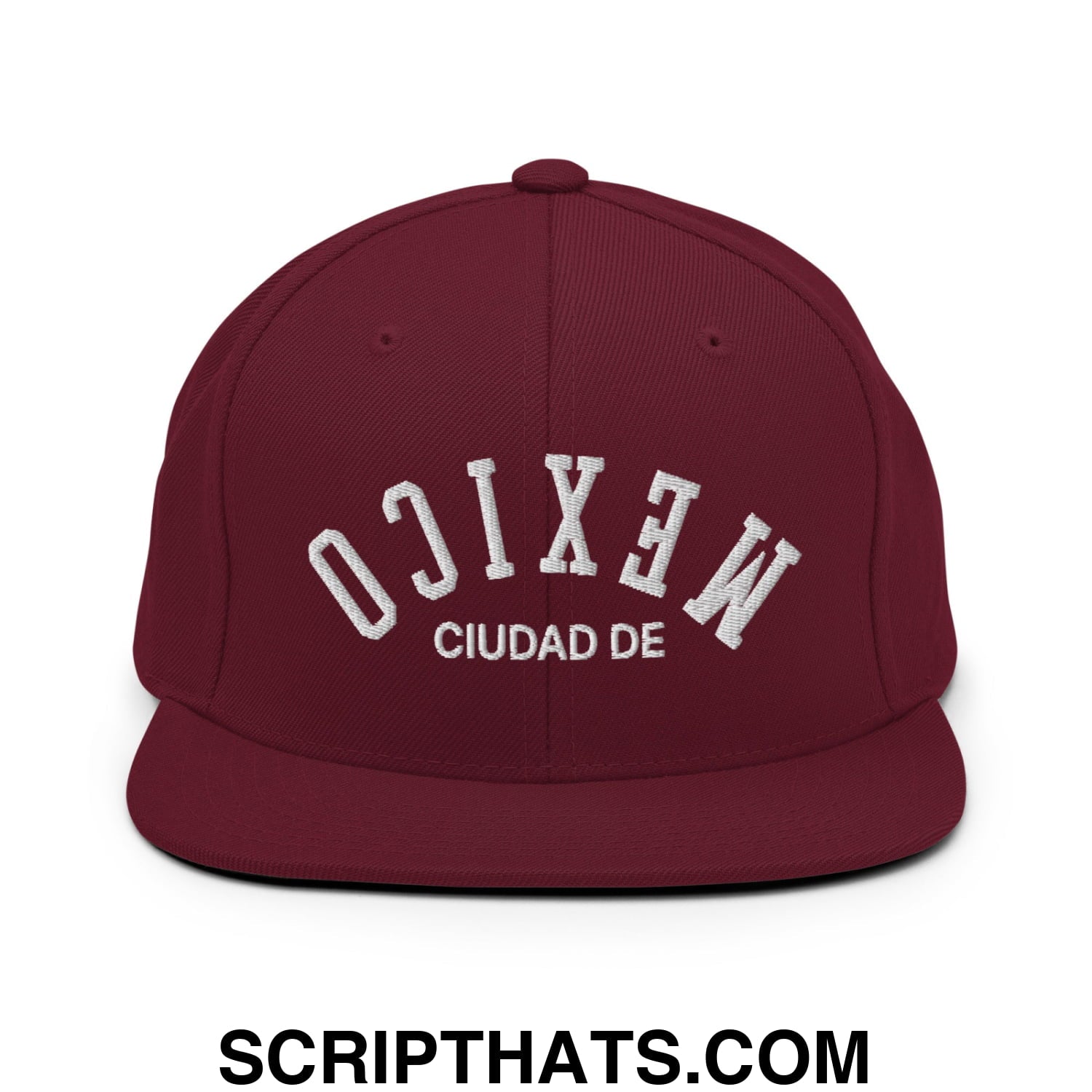 Upside Down Ciudad De Mexico Embroidered Flat Bill Brim Snapback Hat Maroon