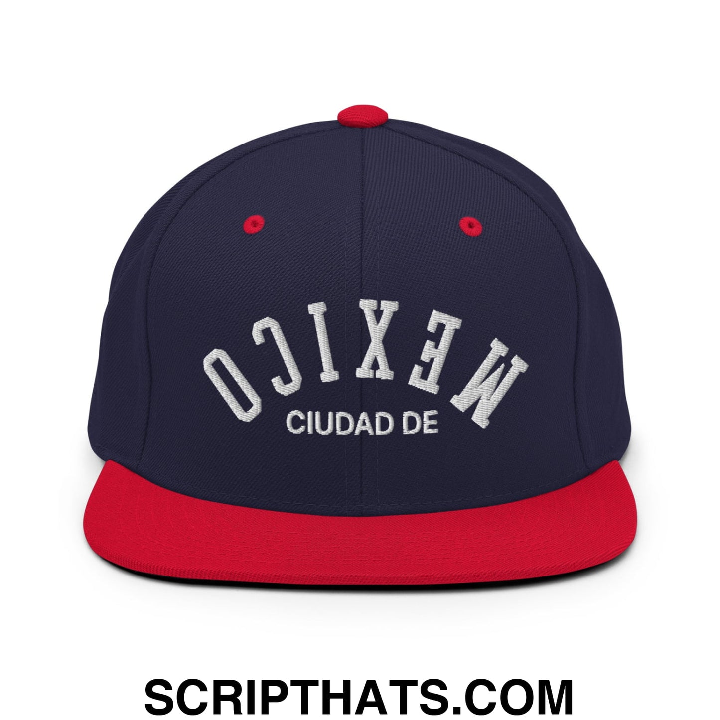 Upside Down Ciudad De Mexico Embroidered Flat Bill Brim Snapback Hat Navy Red