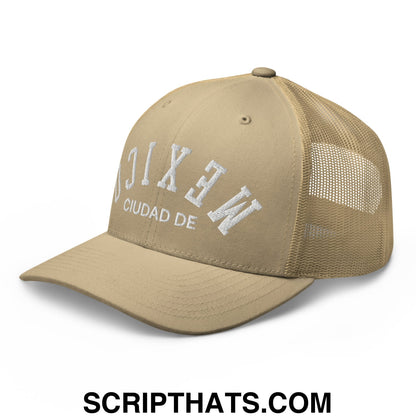 Upside Down Ciudad De Mexico Embroidered Mesh Trucker Hat Khaki