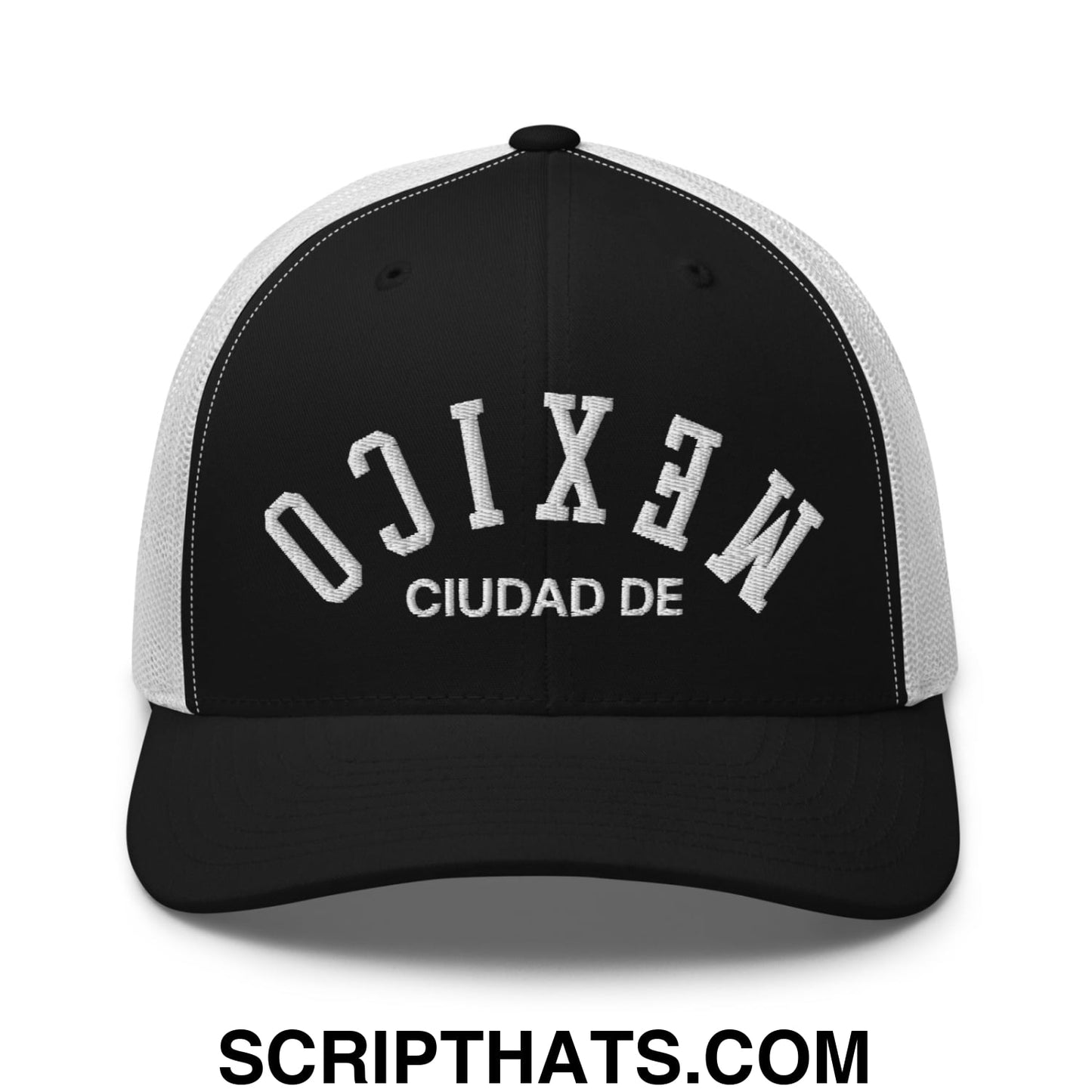 Upside Down Ciudad De Mexico Embroidered Mesh Trucker Hat Black White