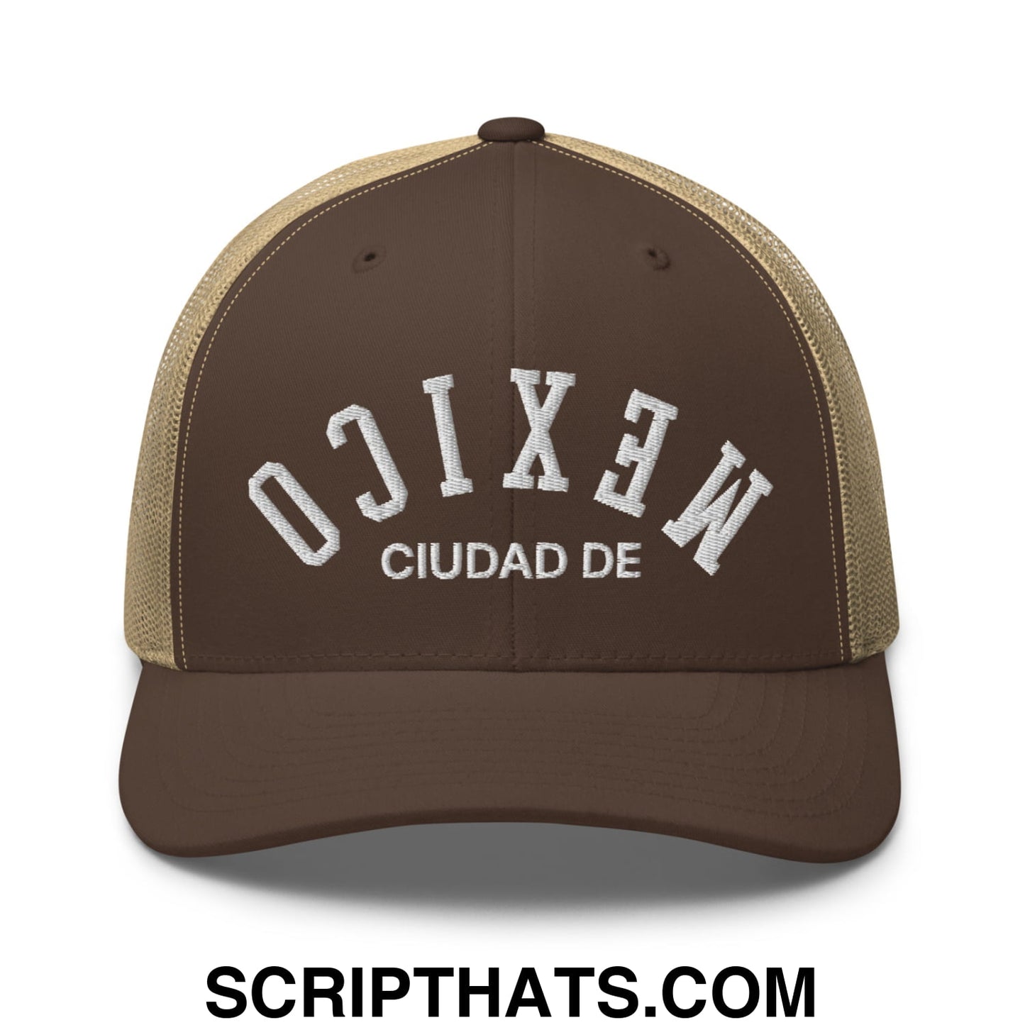 Upside Down Ciudad De Mexico Embroidered Mesh Trucker Hat Brown Khaki