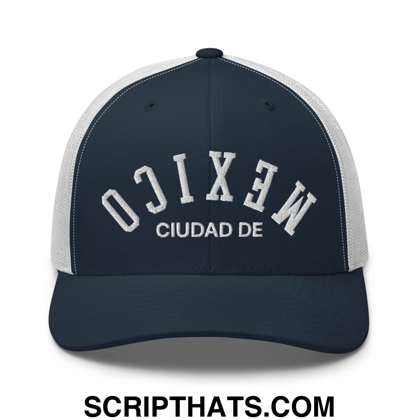 Upside Down Ciudad De Mexico Embroidered Mesh Trucker Hat Navy White