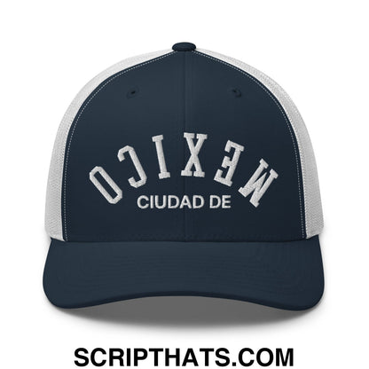 Upside Down Ciudad De Mexico Embroidered Mesh Trucker Hat Navy White