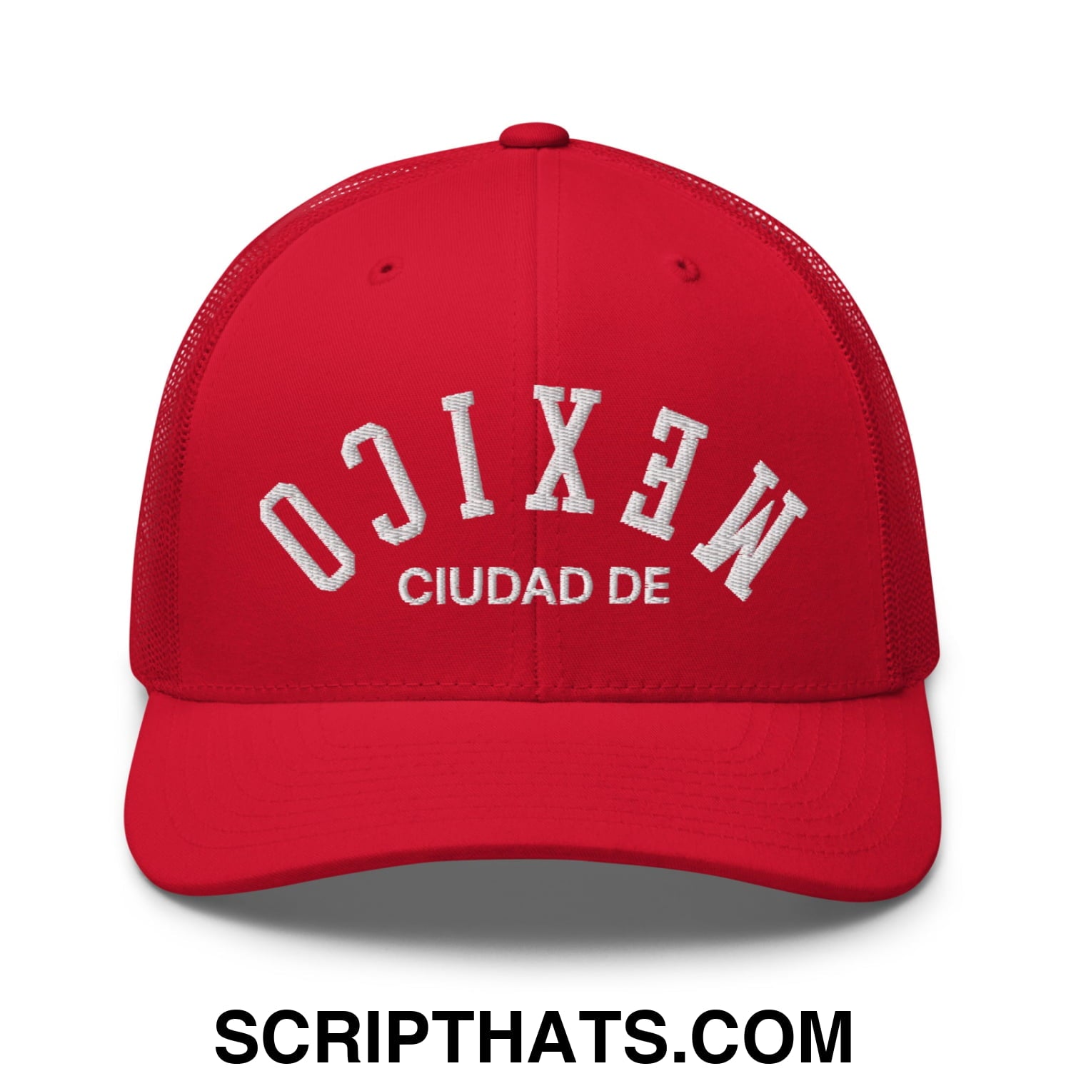 Upside Down Ciudad De Mexico Embroidered Mesh Trucker Hat Red