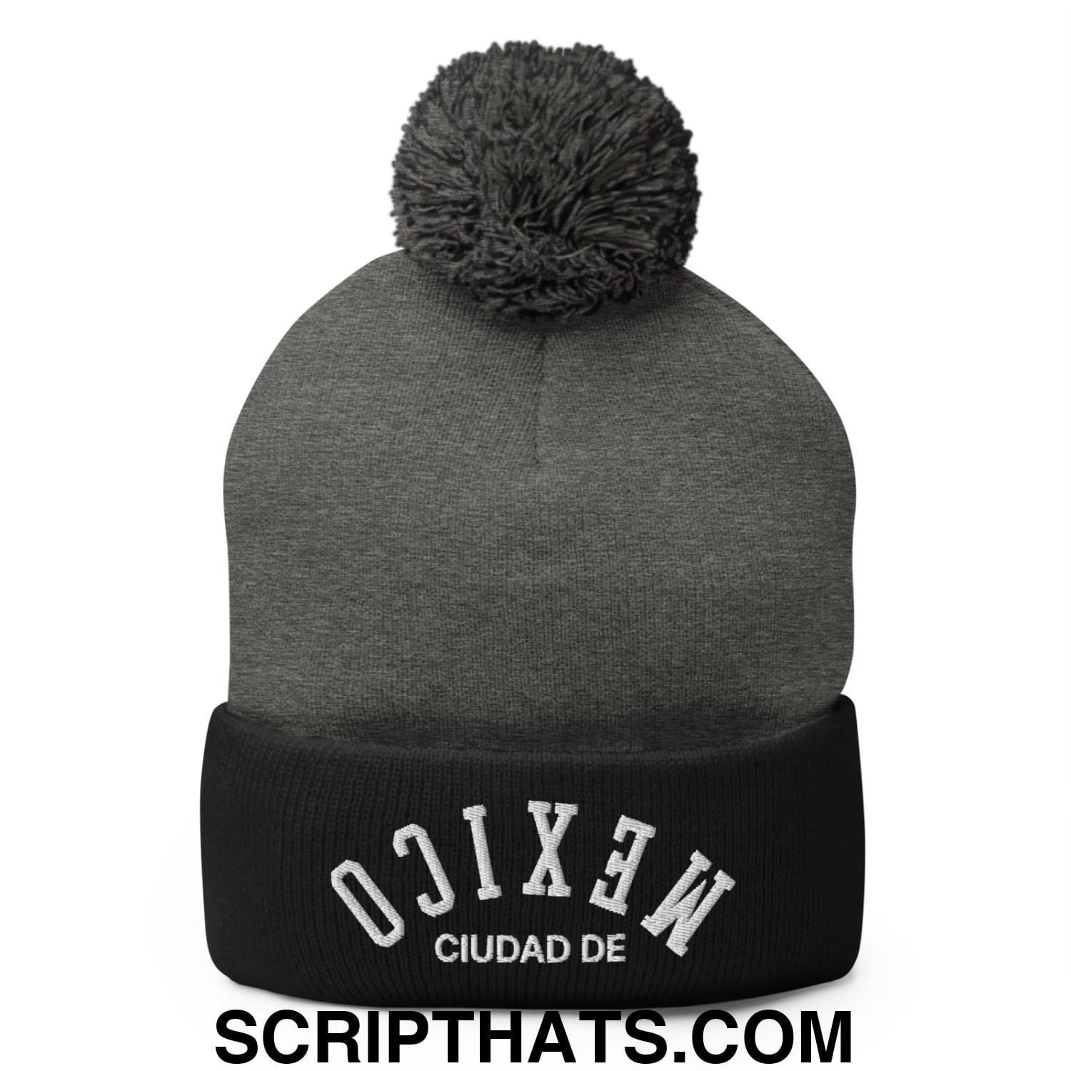 Upside Down Ciudad de Mexico Embroidered Pom Pom Knit Beanie Dark Heather Grey Black