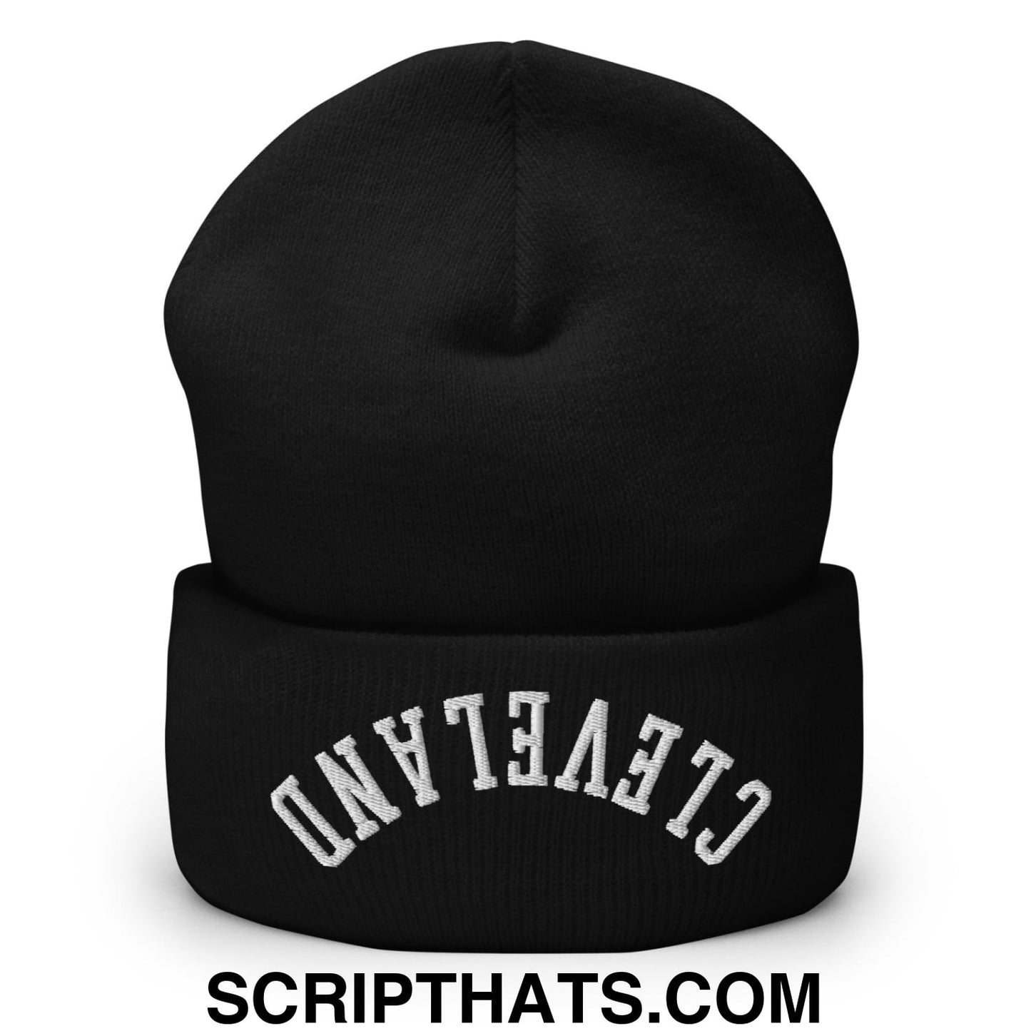 Upside Down Cleveland Embroidered Cuffed Knit Beanie Black
