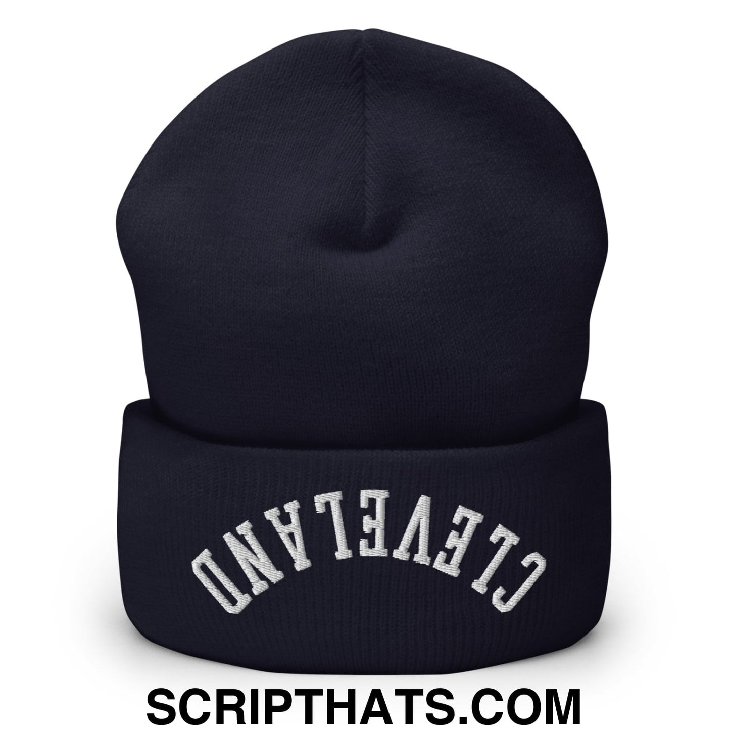 Upside Down Cleveland Embroidered Cuffed Knit Beanie Navy