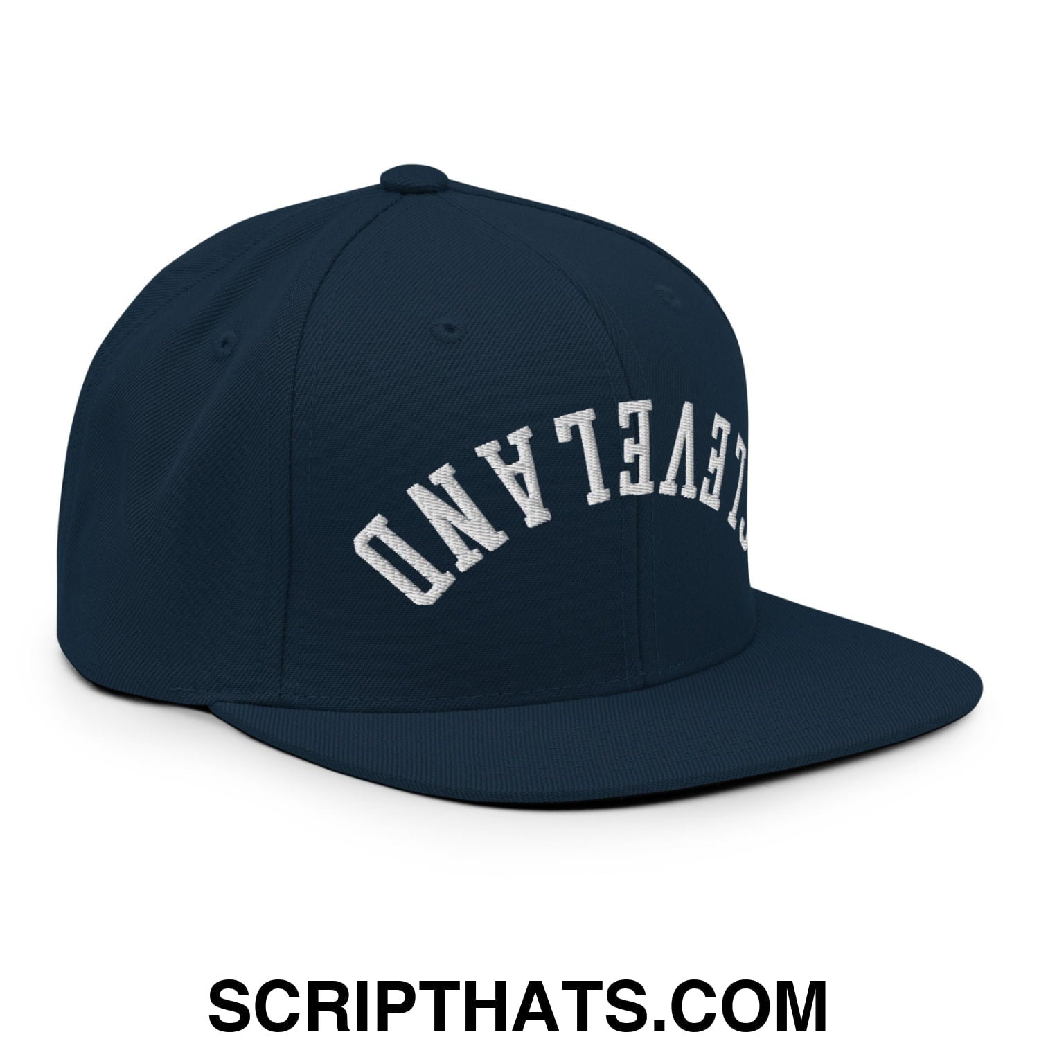 Upside Down Cleveland Embroidered Flat Bill Brim Snapback Hat Dark Navy