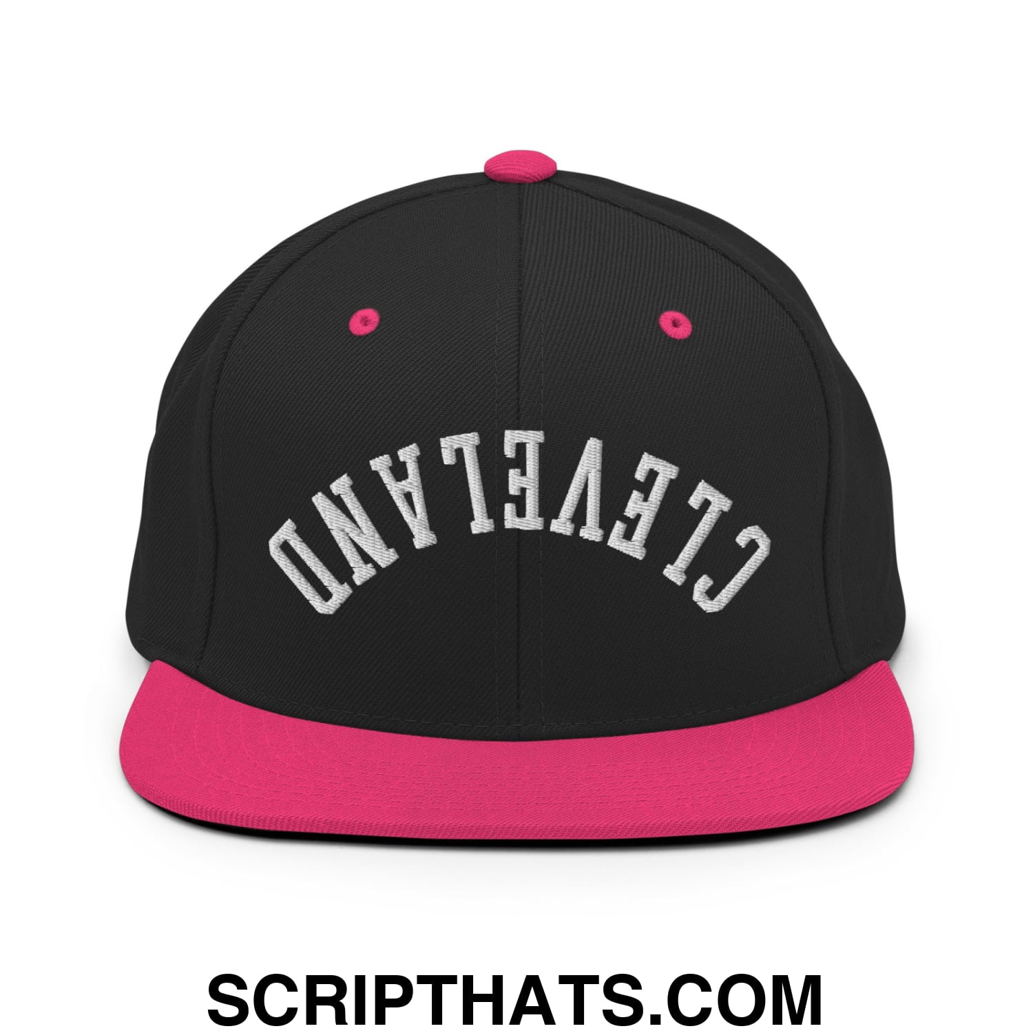 Upside Down Cleveland Embroidered Flat Bill Brim Snapback Hat Black Neon Pink