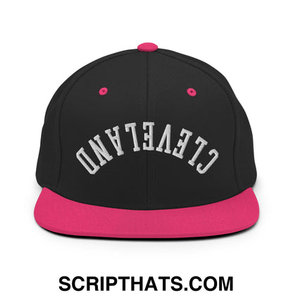 Upside Down Cleveland Embroidered Flat Bill Brim Snapback Hat Black Neon Pink