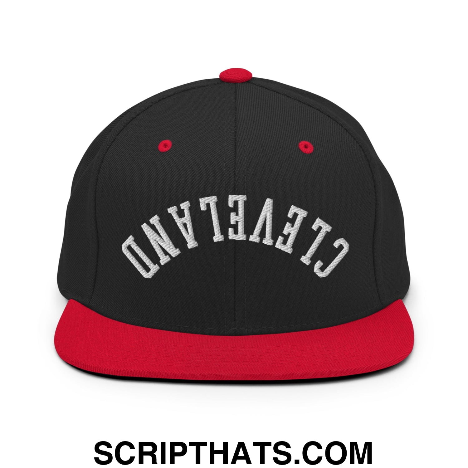 Upside Down Cleveland Embroidered Flat Bill Brim Snapback Hat Black Red