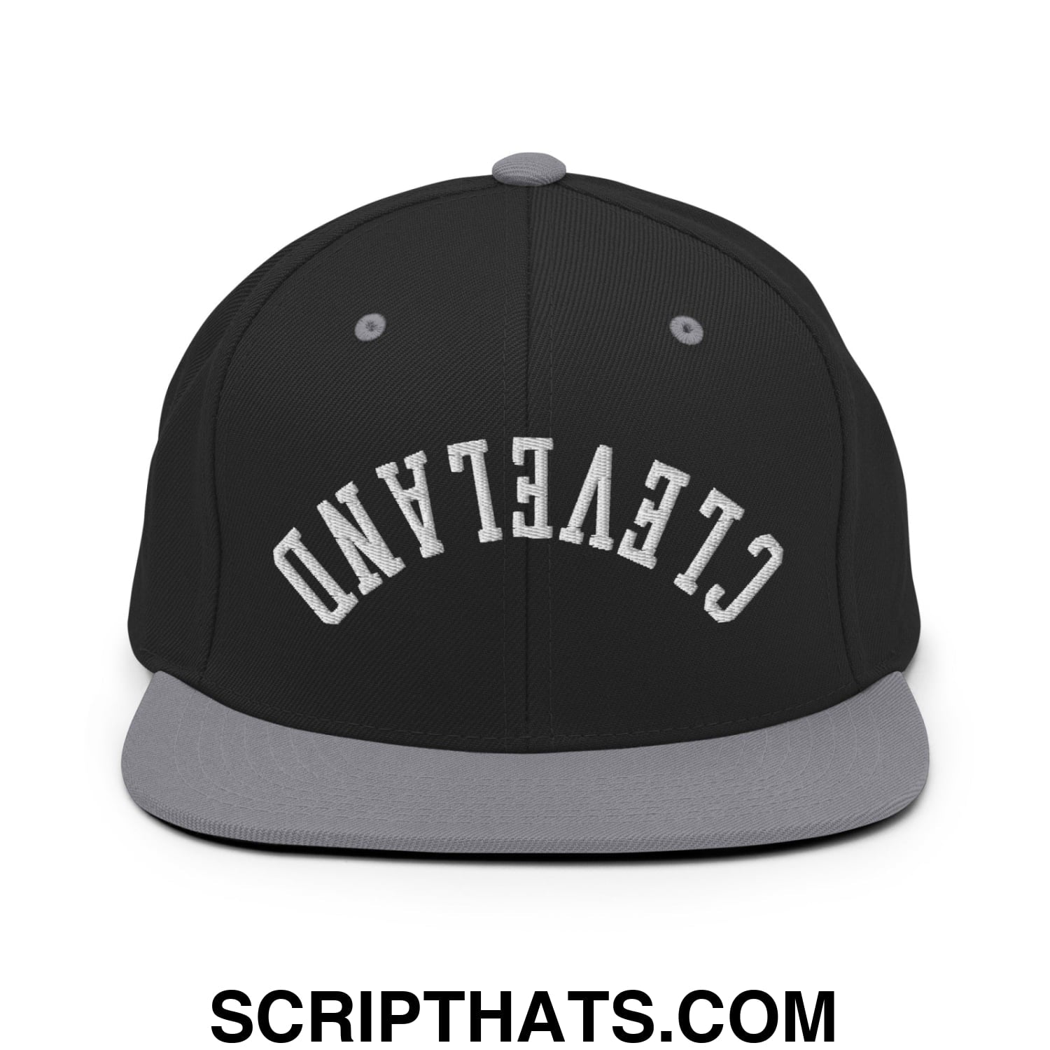 Upside Down Cleveland Embroidered Flat Bill Brim Snapback Hat Black Silver