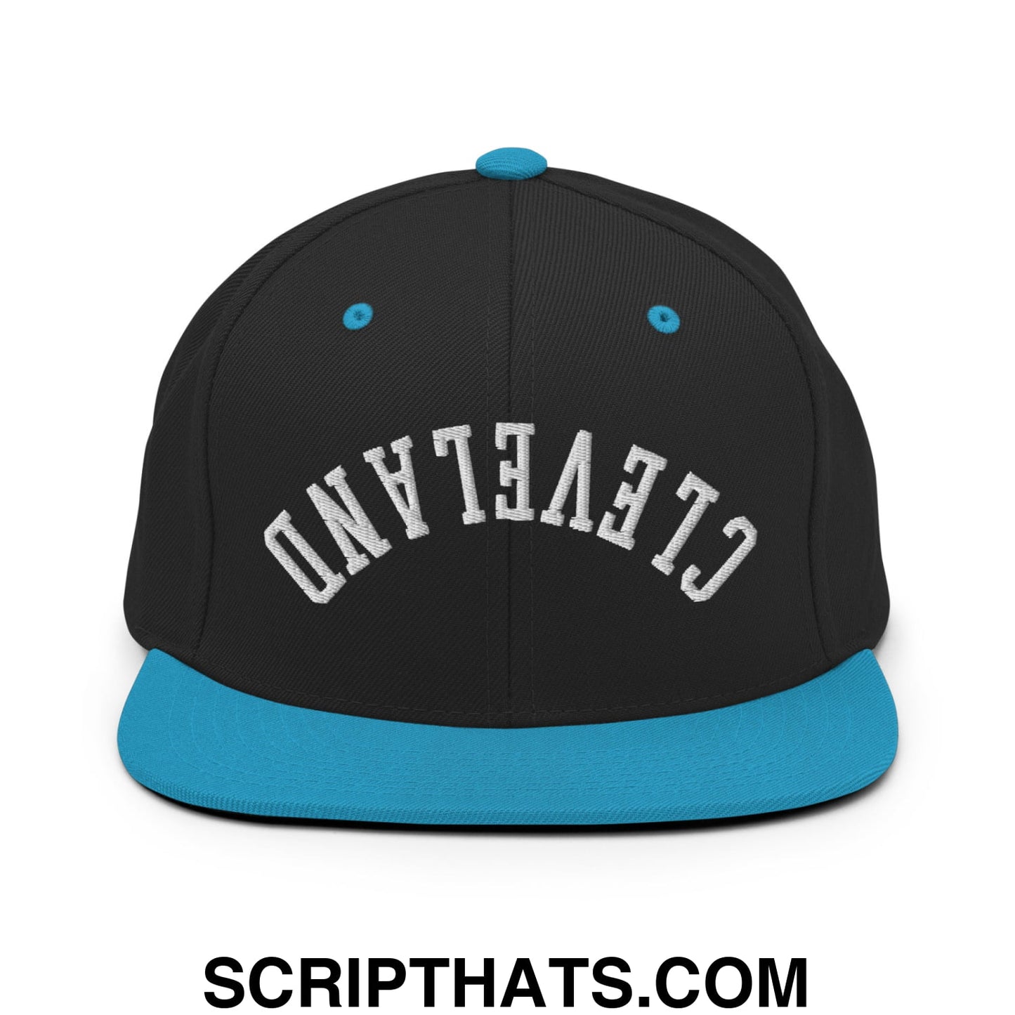 Upside Down Cleveland Embroidered Flat Bill Brim Snapback Hat Black Teal