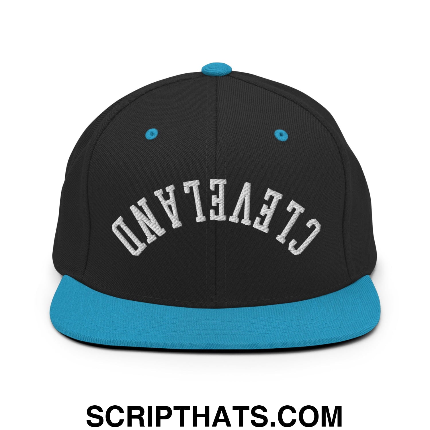 Upside Down Cleveland Embroidered Flat Bill Brim Snapback Hat Black Teal