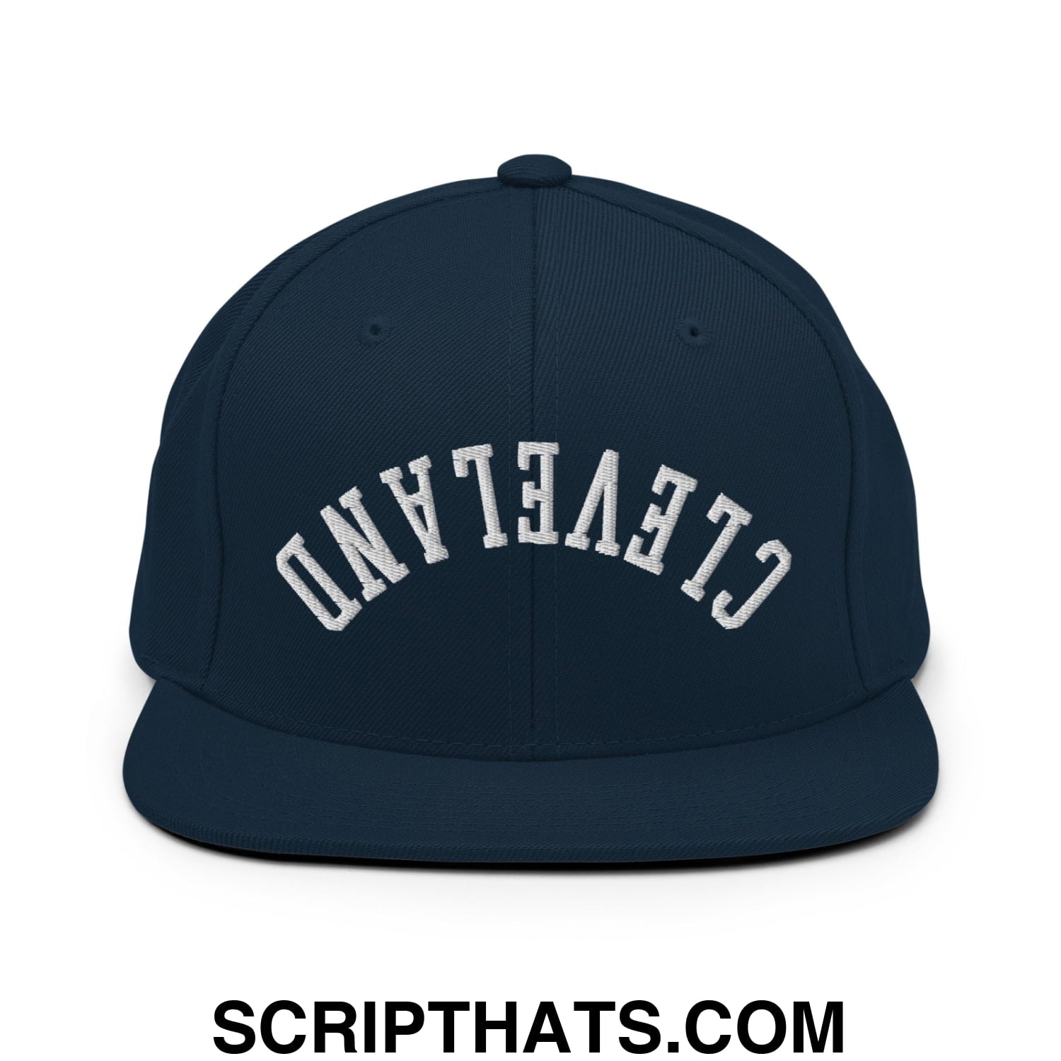 Upside Down Cleveland Embroidered Flat Bill Brim Snapback Hat Dark Navy