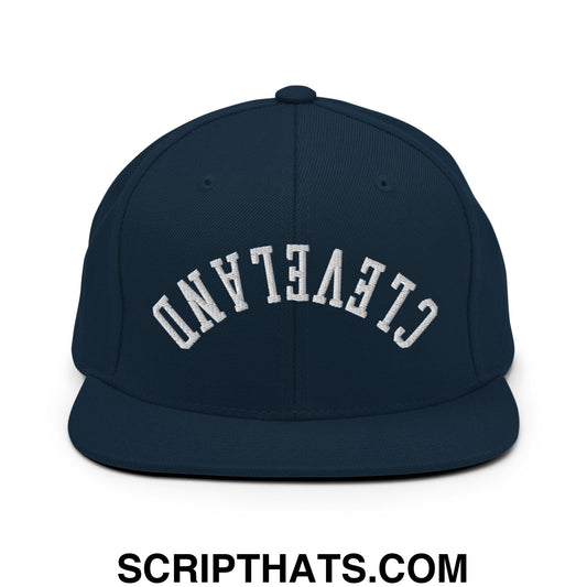 Upside Down Cleveland Embroidered Flat Bill Brim Snapback Hat Dark Navy