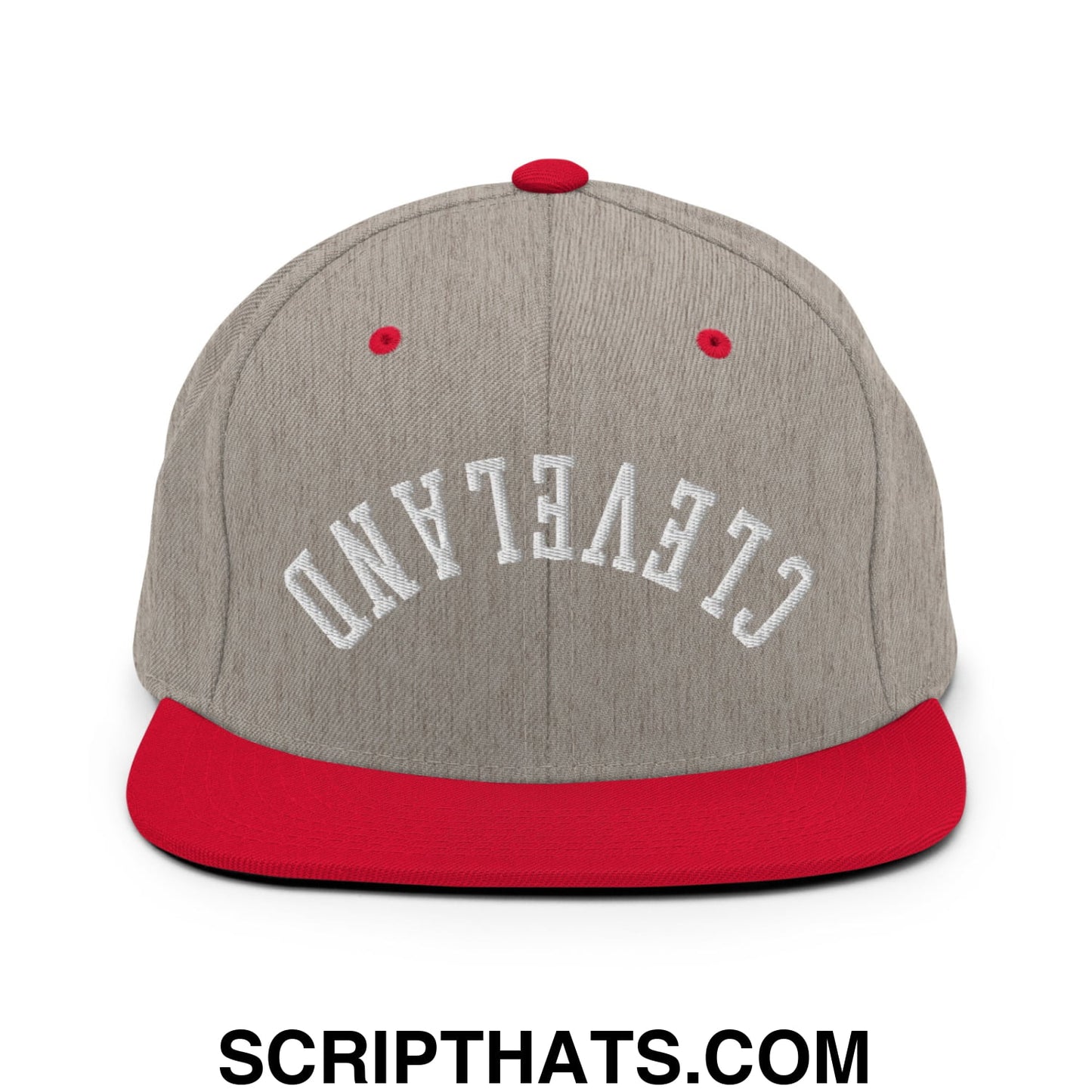 Upside Down Cleveland Embroidered Flat Bill Brim Snapback Hat Heather Grey Red