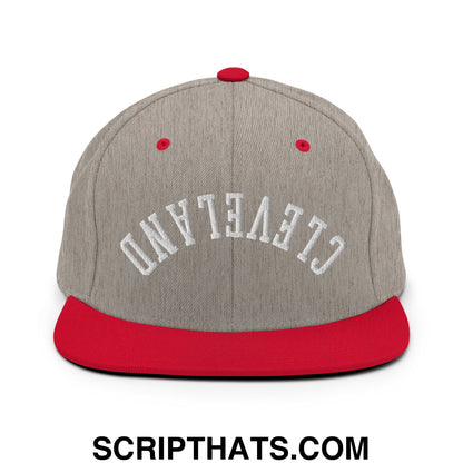 Upside Down Cleveland Embroidered Flat Bill Brim Snapback Hat Heather Grey Red