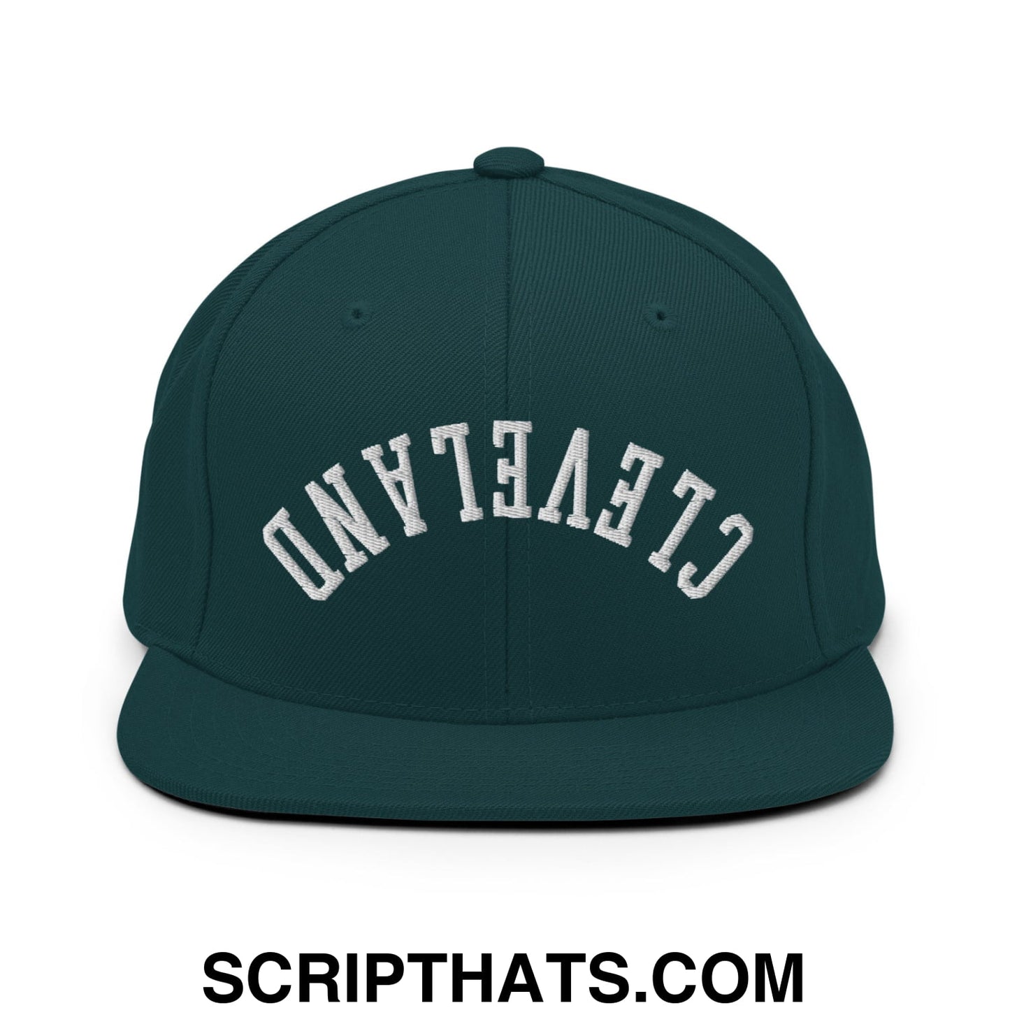 Upside Down Cleveland Embroidered Flat Bill Brim Snapback Hat Spruce