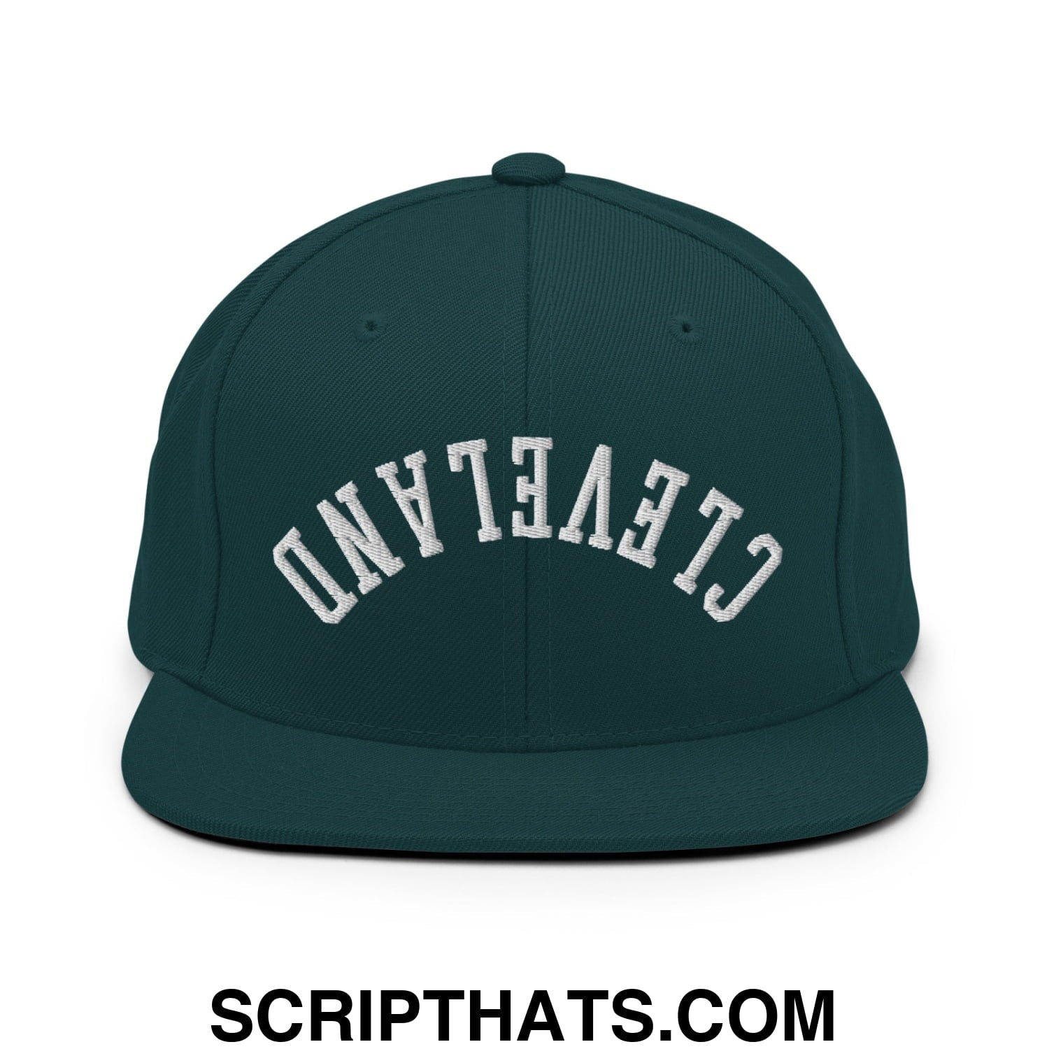 Upside Down Cleveland Embroidered Flat Bill Brim Snapback Hat Spruce