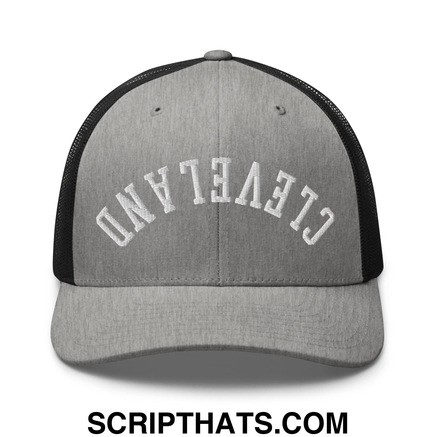Upside Down Cleveland Embroidered Mesh Trucker Hat Heather Black