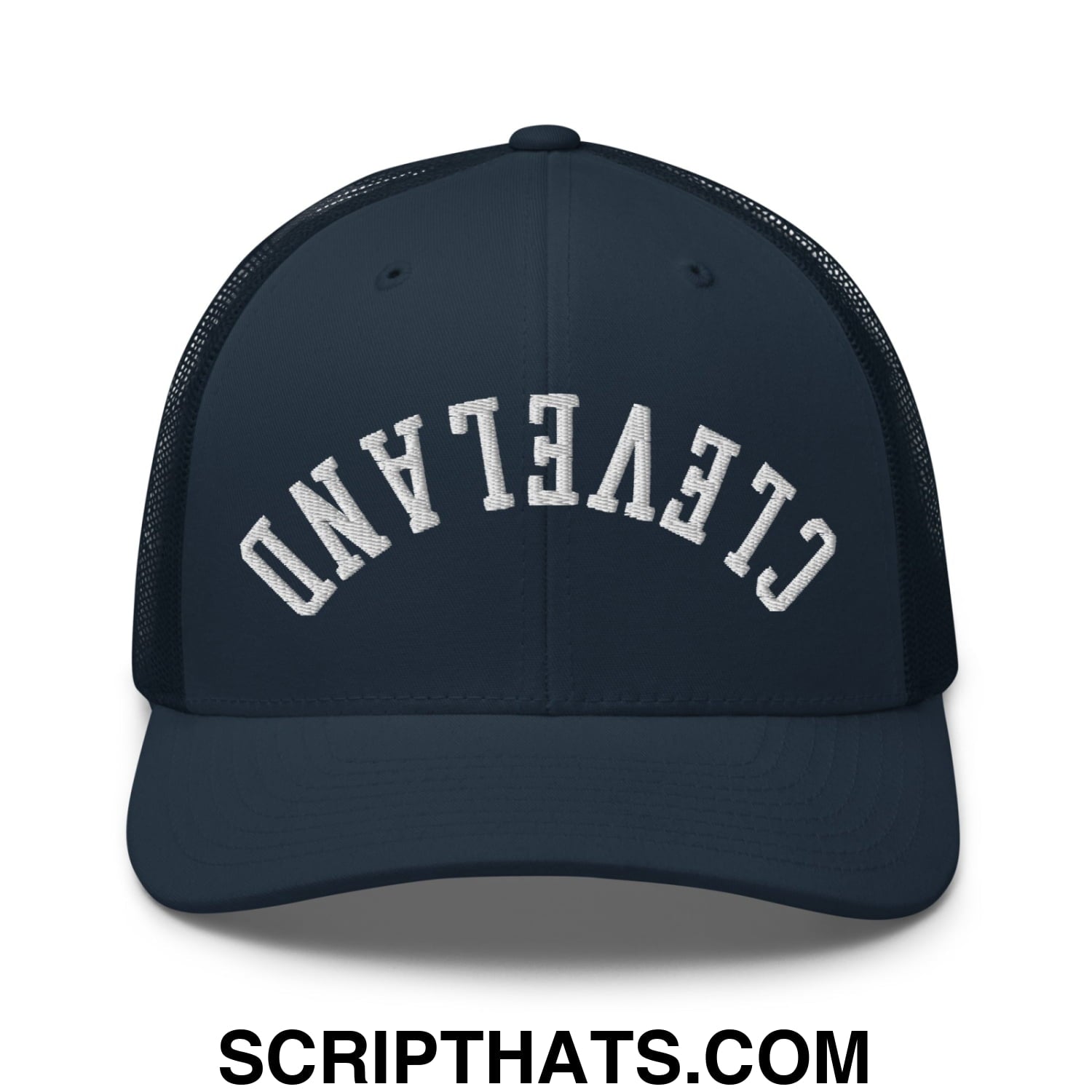 Upside Down Cleveland Embroidered Mesh Trucker Hat Navy