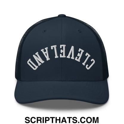 Upside Down Cleveland Embroidered Mesh Trucker Hat Navy