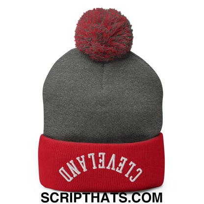 Upside Down Cleveland Embroidered Pom Pom Knit Beanie Dark Heather Grey Red