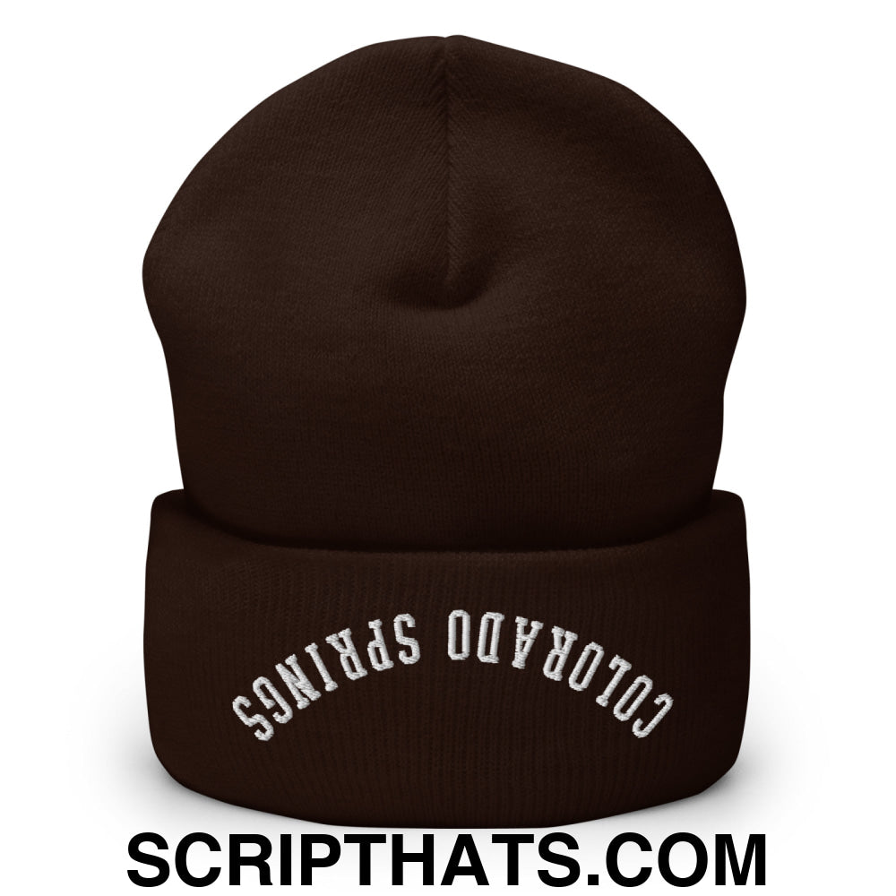 Upside Down Colorado Springs Embroidered Cuffed Knit Beanie Brown