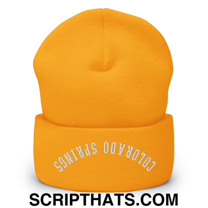 Upside Down Colorado Springs Embroidered Cuffed Knit Beanie Gold