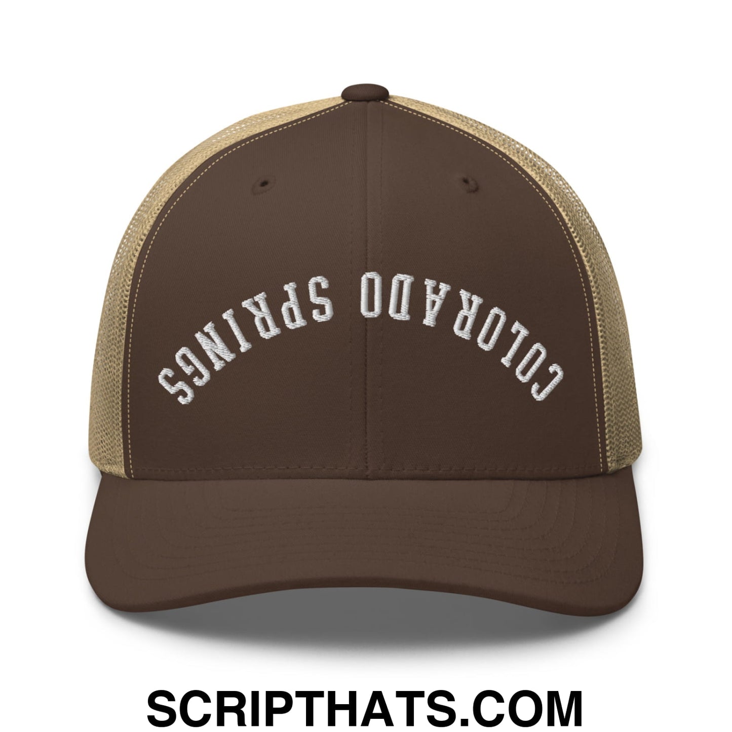 Upside Down Colorado Springs Embroidered Mesh Trucker Hat Brown Khaki