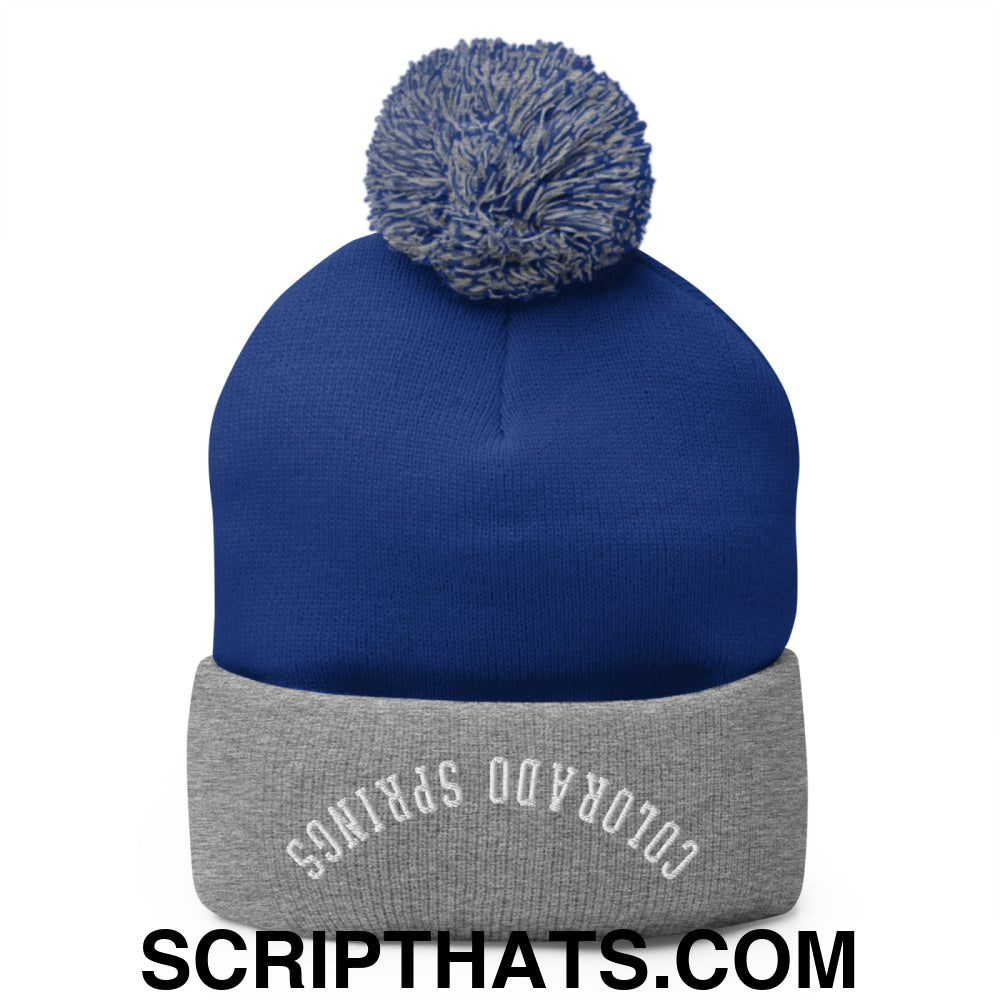 Upside Down Colorado Springs Embroidered Pom Pom Knit Beanie Royal Heather Grey