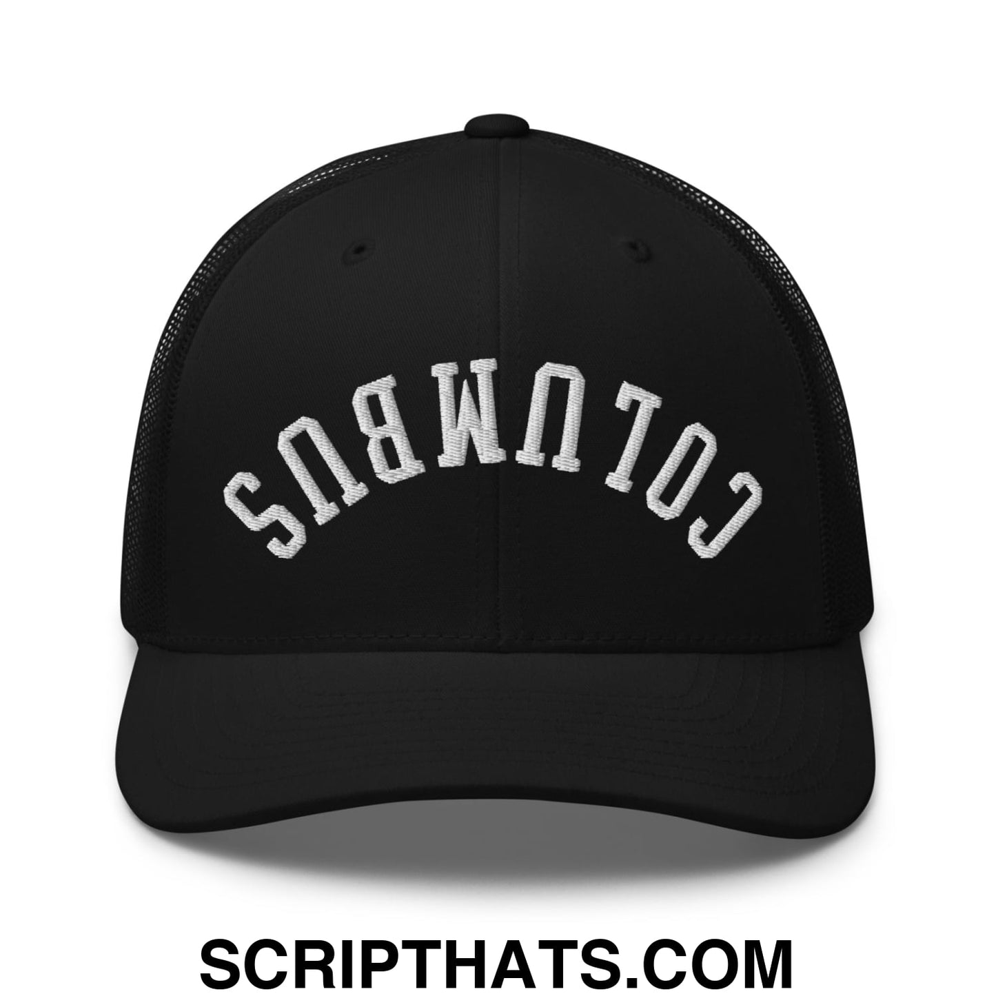 Upside Down Columbus Embroidered Mesh Trucker Hat Black