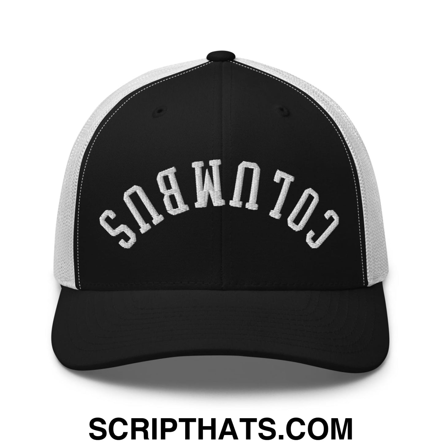 Upside Down Columbus Embroidered Mesh Trucker Hat Black White
