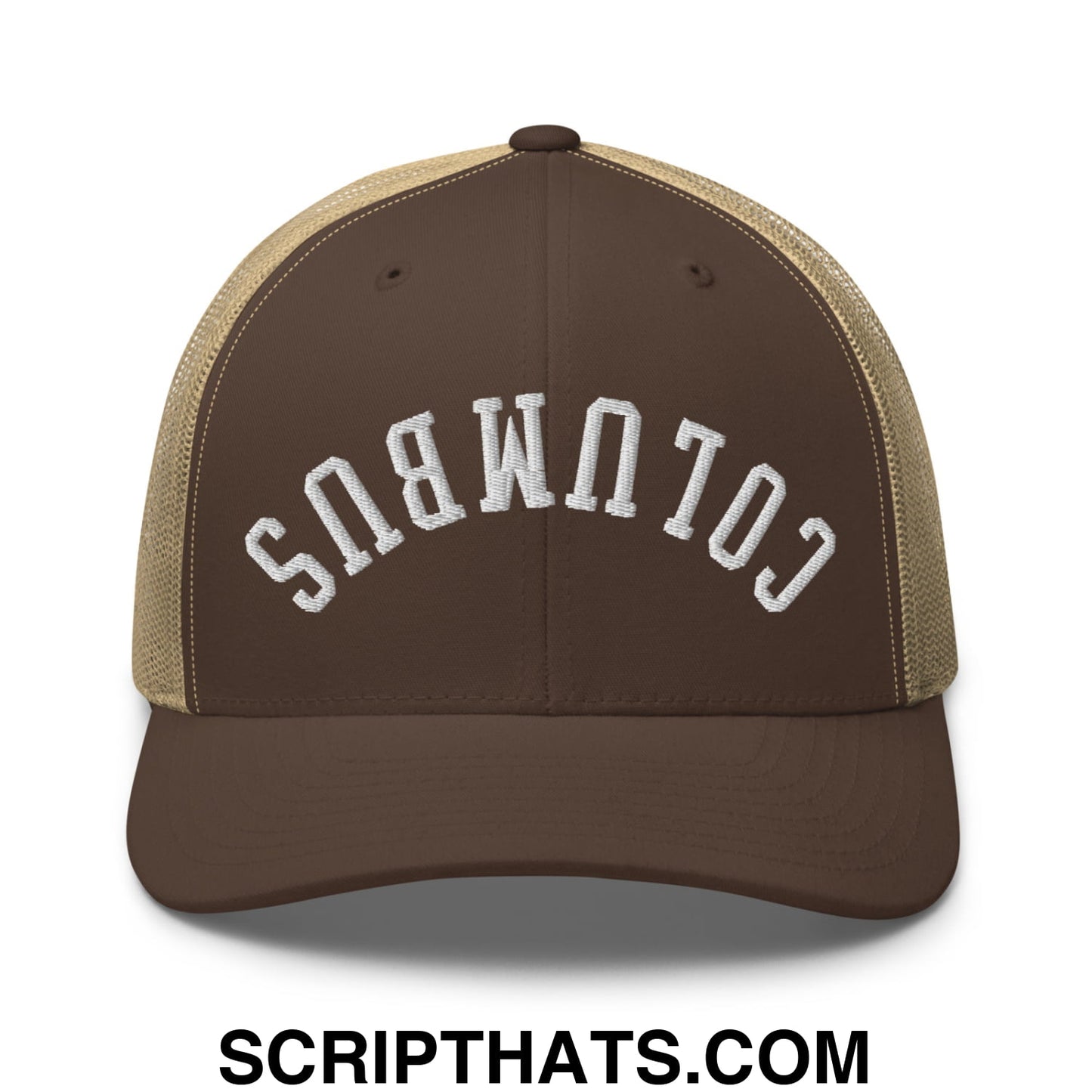 Upside Down Columbus Embroidered Mesh Trucker Hat Brown Khaki