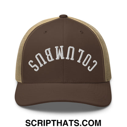 Upside Down Columbus Embroidered Mesh Trucker Hat Brown Khaki