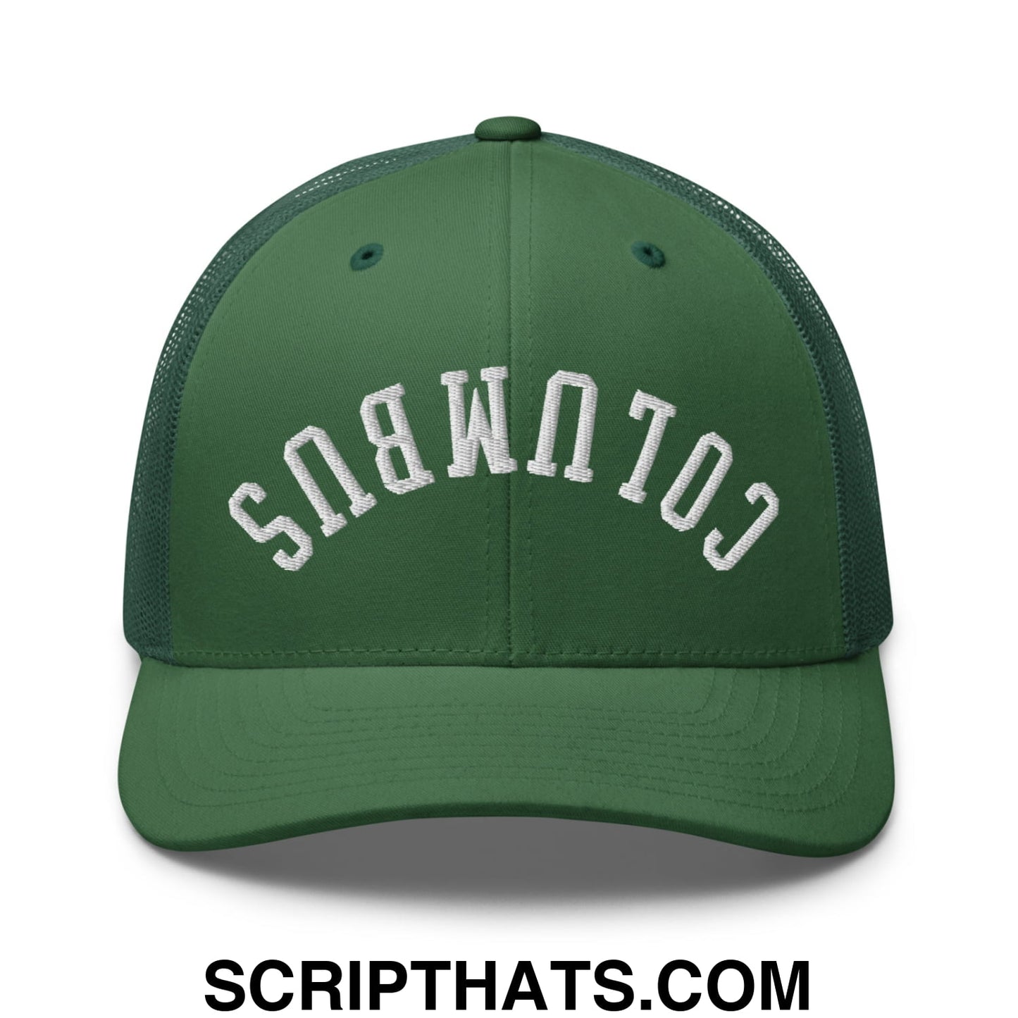 Upside Down Columbus Embroidered Mesh Trucker Hat Evergreen