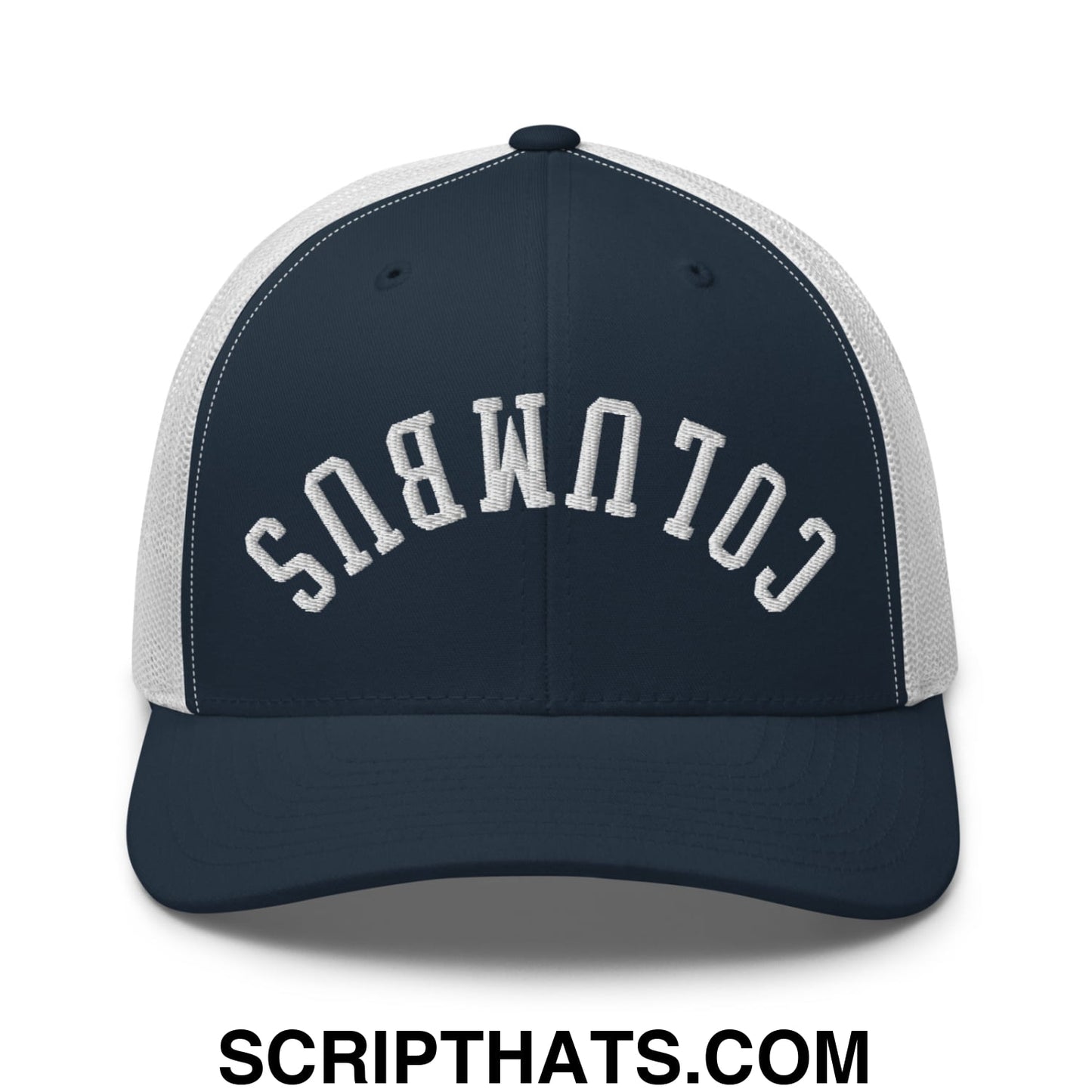 Upside Down Columbus Embroidered Mesh Trucker Hat Navy White