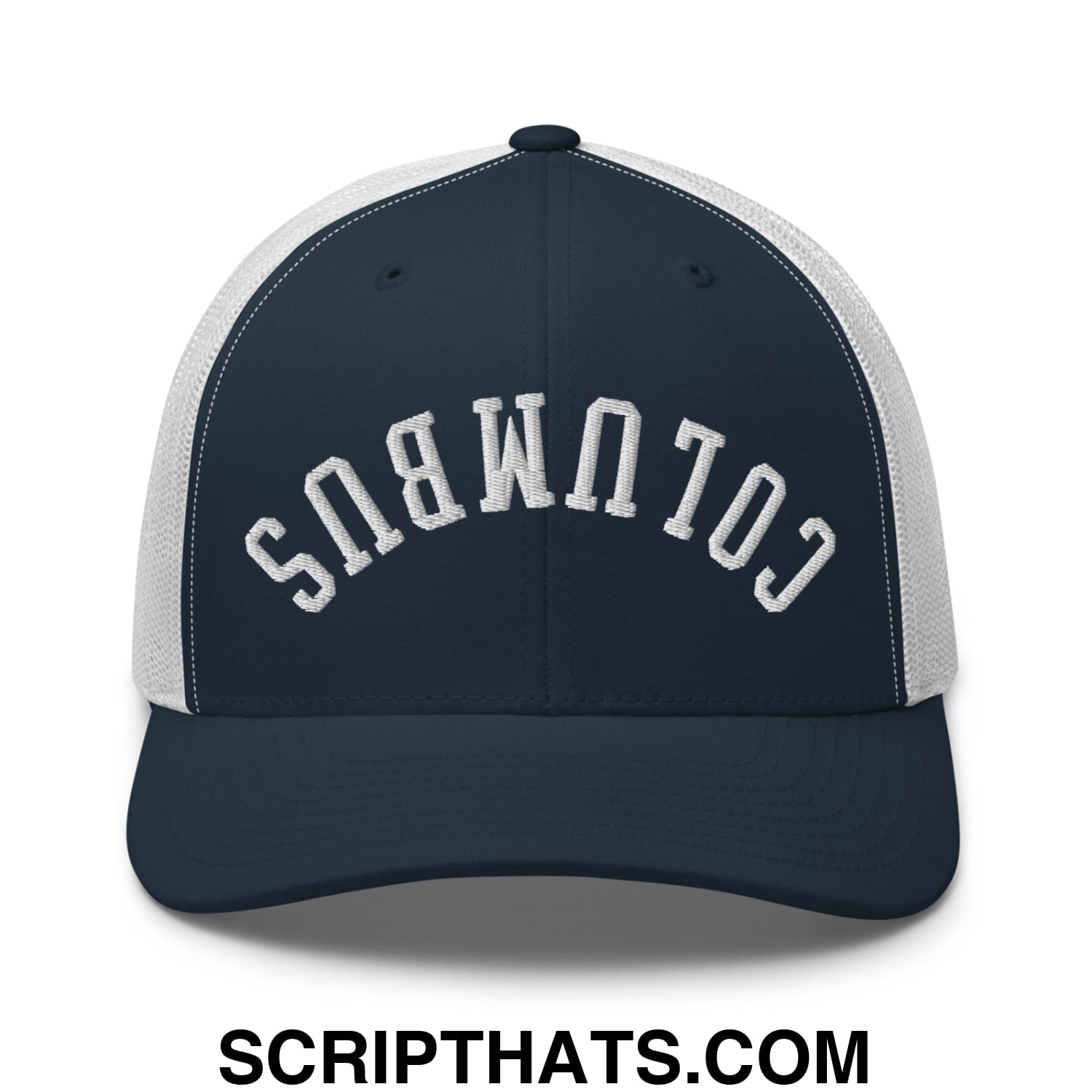 Upside Down Columbus Embroidered Mesh Trucker Hat Navy White