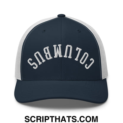 Upside Down Columbus Embroidered Mesh Trucker Hat Navy White