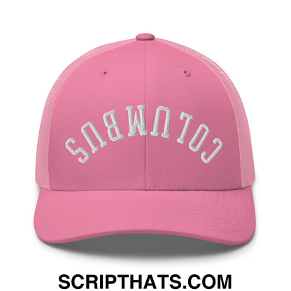 Upside Down Columbus Embroidered Mesh Trucker Hat Pink
