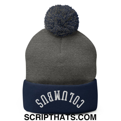Upside Down Columbus Embroidered Pom Pom Knit Beanie Dark Heather Grey Navy