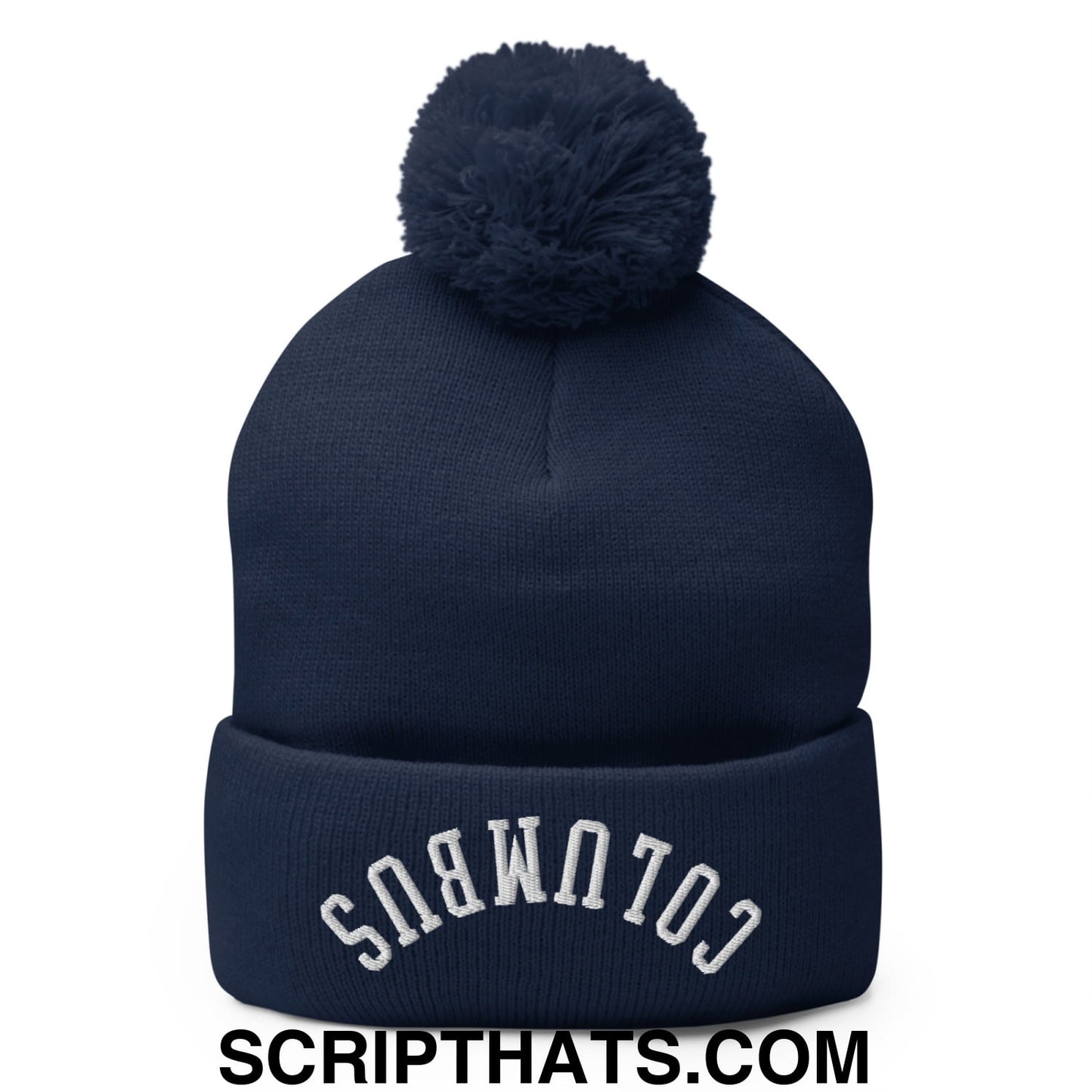 Upside Down Columbus Embroidered Pom Pom Knit Beanie Navy