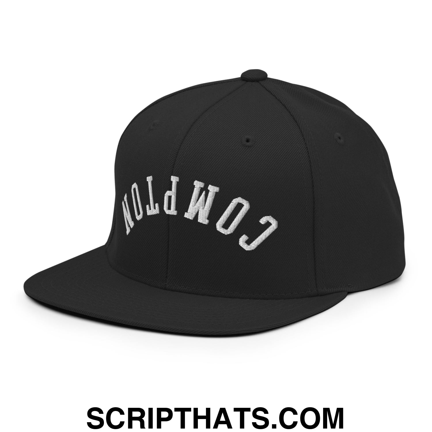 Upside Down Compton Embroidered Flat Bill Brim Snapback Hat Black