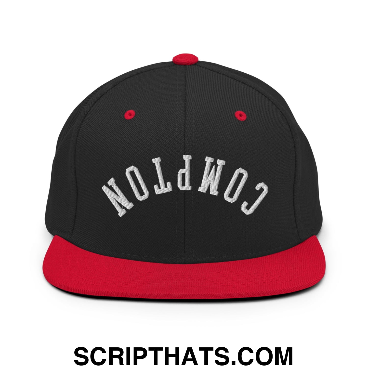 Upside Down Compton Embroidered Flat Bill Brim Snapback Hat Black Red