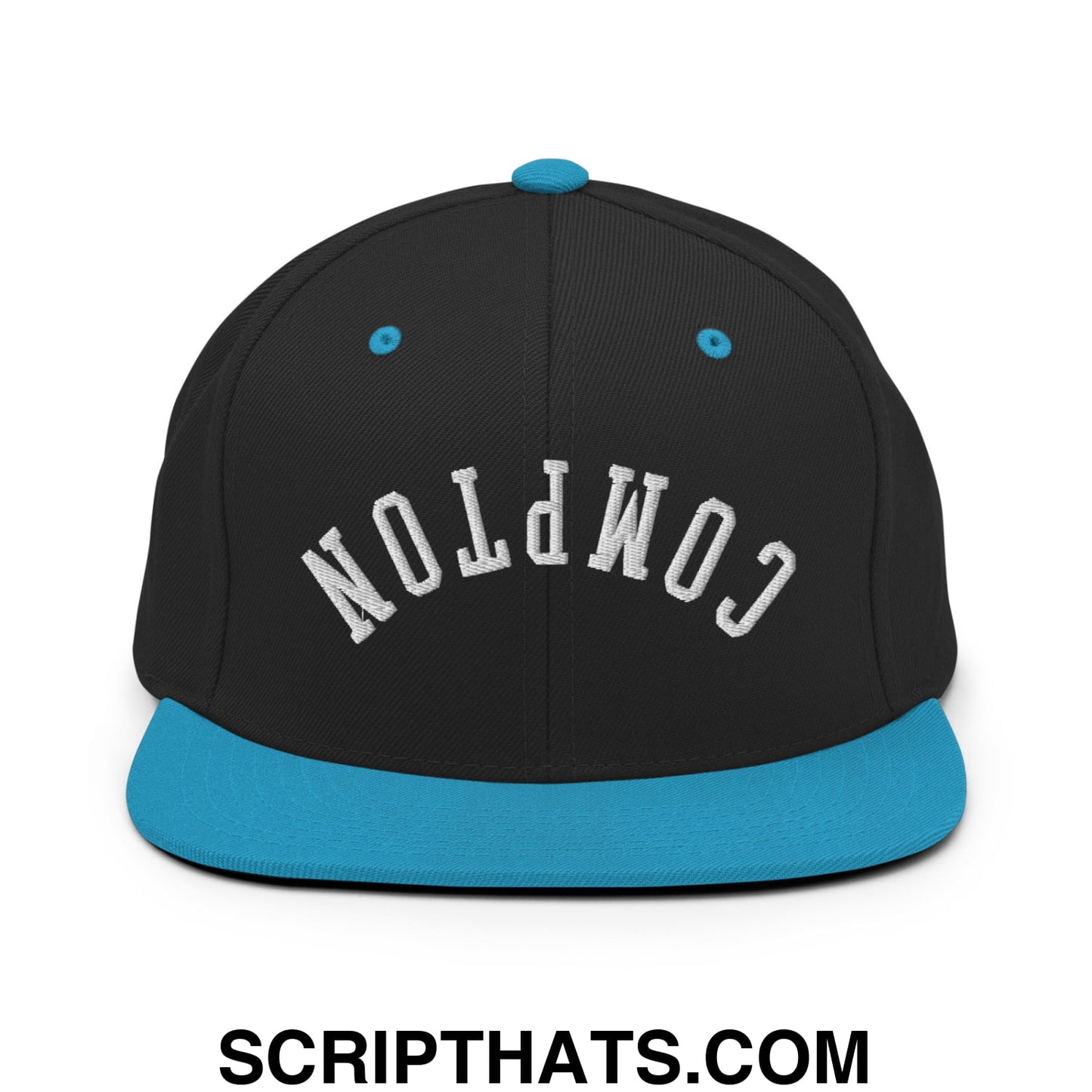 Upside Down Compton Embroidered Flat Bill Brim Snapback Hat Black Teal