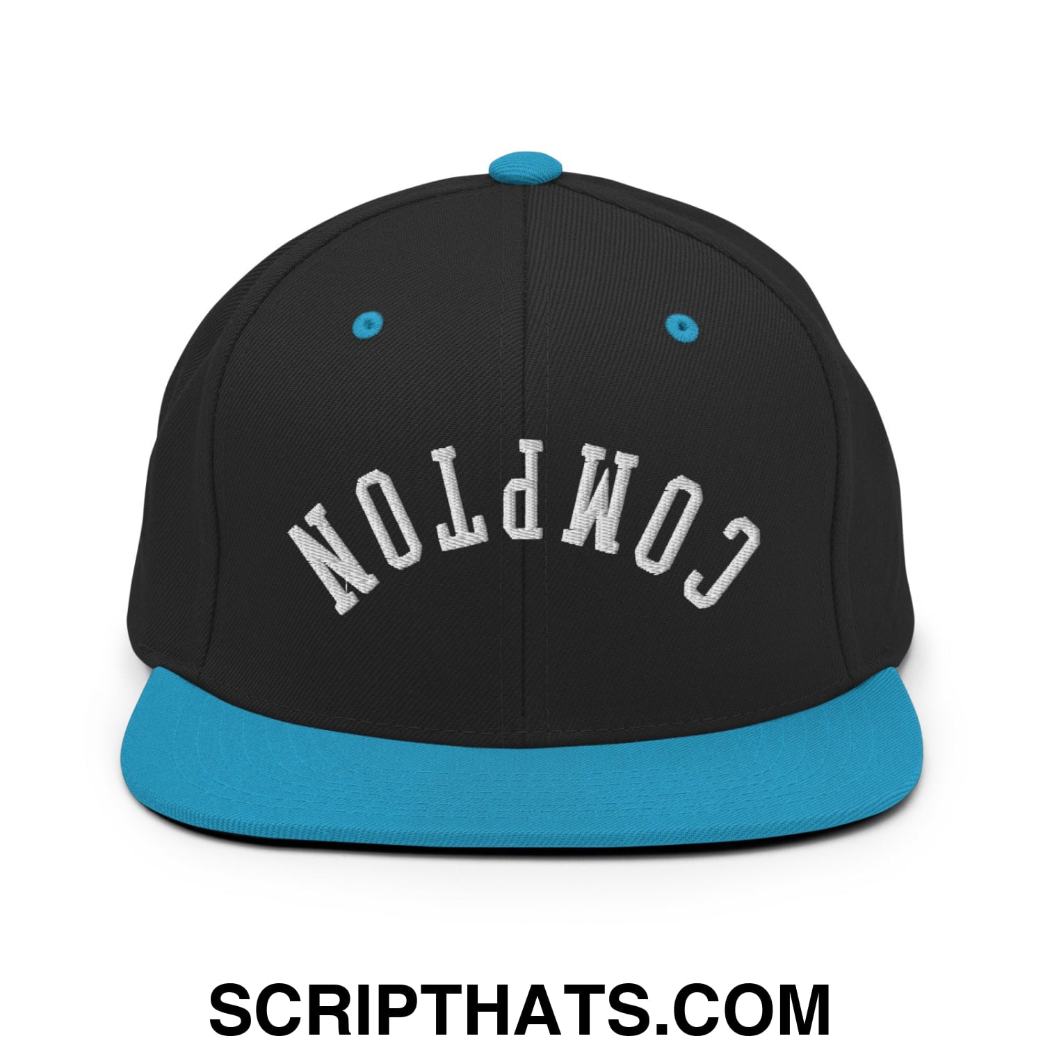 Upside Down Compton Embroidered Flat Bill Brim Snapback Hat Black Teal